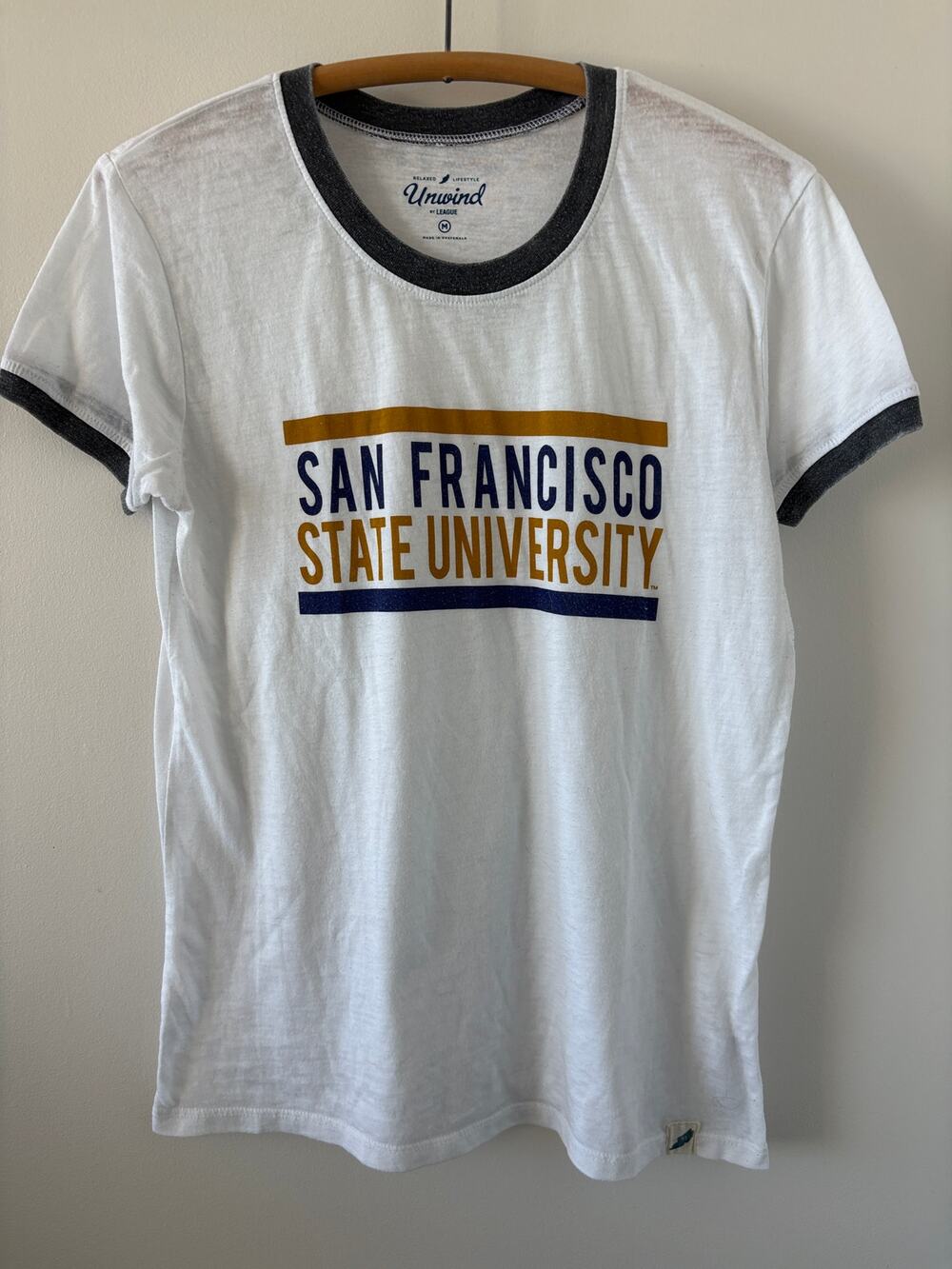 White SF State Black Ringer Tee Mens M Lightweight Distressed Collegiate Relaxed